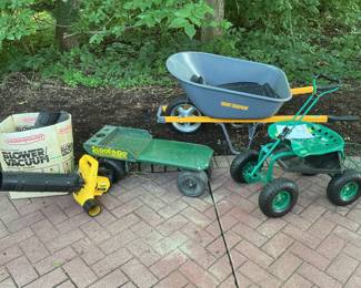 Wheelbarrow, garden metal cart, blower and garden plastic caddy