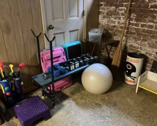 Weight bench, weights, stepper, oar, child seats
