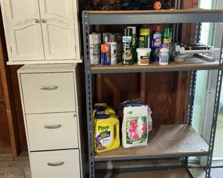 File cabinet, two white cabinets, and metal shelf with product