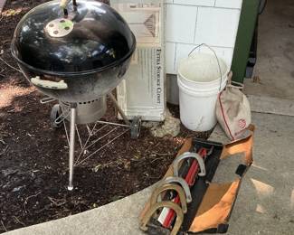 Weber grill , plastic buckets, horseshoe game