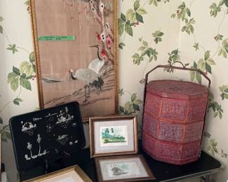 Large picture is a vintage hand sewn silk thread Asian design. The dark red basket has a dragon handle and the smaller Prints are from Thailand.