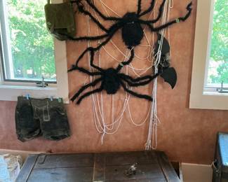 Halloween spiders in a web with a large military boxes as a casket