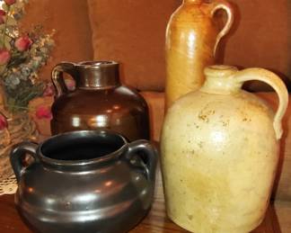 Pottery Jugs, Roseville Footed Bowl.