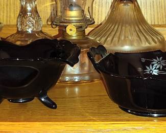 Black Onyx Footed Bowl, Amethyst Etched Glass Bowl