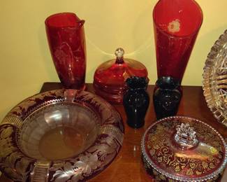 Ruby Red Glassware, Rolled Rim Bowl, Cranberry Glass Vases and Cany Dish, Vases, Flashed Cranberry Dish with Gold Leaves, 1930's Amethyst Purple Small Vases.