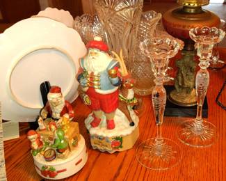 Music Box Santas, Rogaska Crystal Candle Sticks.