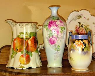 Hand Painted Porcelain Peach Pitcher, 1914 Austria Rose Vase, 1950s Noritake Vase.