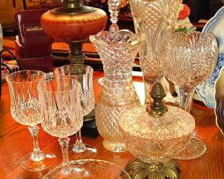 Waterford Stemware (3), Ornate Brass and Pressed Glass Candy Dish, Brilliance Glass, Cut Class, Pressed Glass and Crystal.