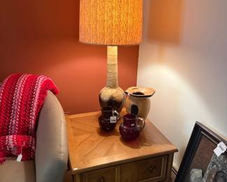 Wooden End Table, Vtg Lamp 
