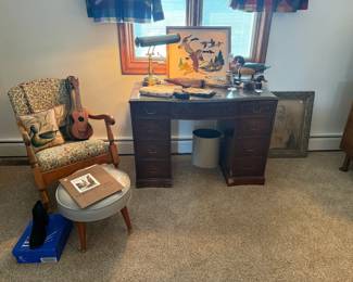 Wooden Shelf, Antique Chair, Foot Rest, Framed Art, Desk Lamp 
