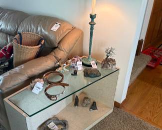 Glass Top Table, Rough Tiffany Stone, Fredrick Cooper Buffet Lamp  
