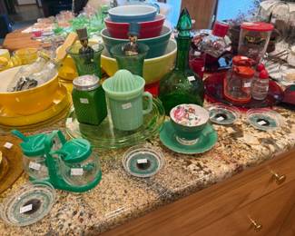 Green Decanter, Yellow Mixing Bowl, Juicer, Teacup & Saucer, Pyrex Primary Color Bowls