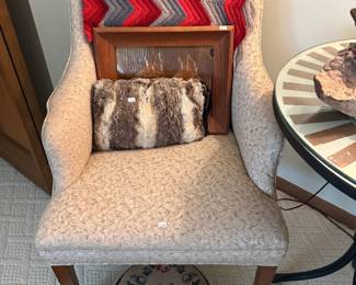 Accent Chair, Needlepoint Footstool, Fur Decorative Pillow