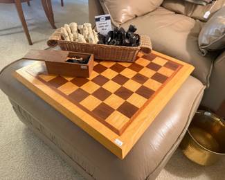 Emerson Leather Chair & Ottoman, Vintage Chess Set, Brass Bucket  