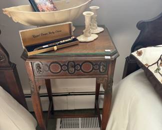 Wooden Side Table, Candlestick Holders, Decorative Bowl 