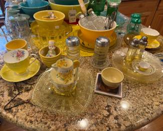 Yellow Mixing Bowls, Vtg Salt & Pepper Shaker, Yellow Teacup, Decorative Pitcher