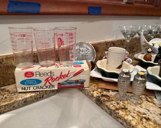 Liquid Measuring Cups, Vtg Salt & Pepper Shakers, Reed's Rocker Nut Cracker
