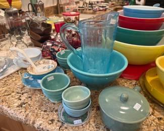 Pyrex Primary Color Bowls, Blue Pitcher, Bowls