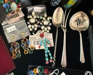 Earrings, Silverware, Rhinestone Stick Figure Brooch