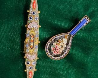 Antique Micro Mosaic Millefiori Brooches Mandolin And Shuttle Shapes