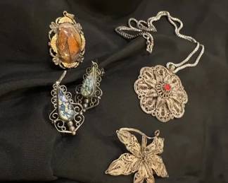 Silver Brooch, Stone Pendant, Chain And Clip Earrings
