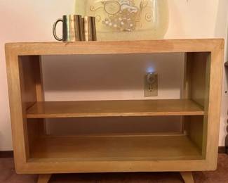 Midcentury Wood And Leather Media Stand, Brass Cups And Platter With One Chip