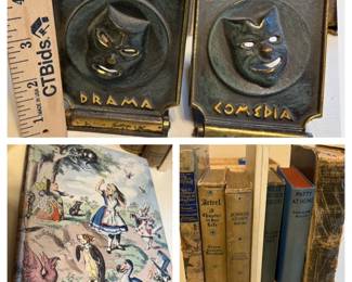 Antique Juvenile books For Reading Or Repair And Brass ComedyDrama Mask Book Ends