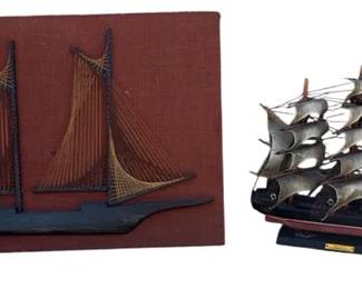 Vintage Nautical Decor  Sea Witch 1846 Clipper Model Ship  MCM Burlap String Art Wall Hanging