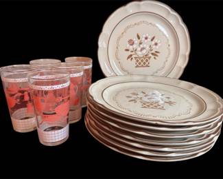 Eight Vintage Stoneware Plates With Five Vintage Tumblers