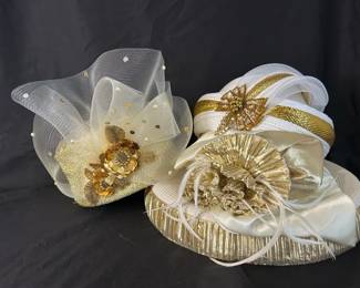 Lot Of 3 Vintage Statement Church Hats Whitall  Shon, Deborah NY, In Gold And White