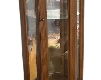 Vintage Hexagonal Wooden Curio Cabinet with Glass Display  Carved Base
