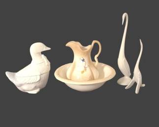 Vintage Country Ceramic Lot  GooseDuck Pitcher  Basin Set, Lidded Dish  Modernist Bird Figurines