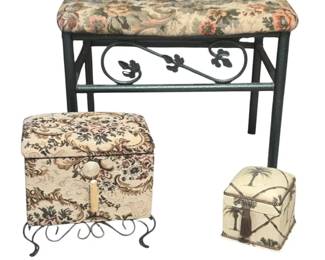 Vintage 3Piece Boudoir Set  Wrought Iron Vanity Bench  Tapestry Decor Boxes