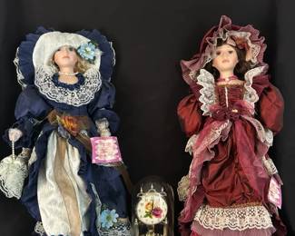 Elegant Victorian Rose collection porcelain doll bundle WFloral Dome Clock