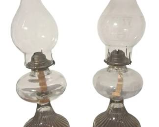 Vintage Pair Eagle Burner Clear Glass Hurricane Oil Kerosene Table Lamps