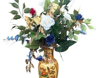 Vintage AsianStyle Floral Porcelain Floor Vase with Faux Floral Arrangement