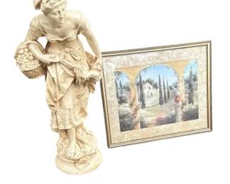 Vintage French Country Chalkware Maiden Statue  Framed Tuscan Scene Print