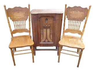 Vintage Philco Radio Console With Farm House Wooden Chair Pair Bundle