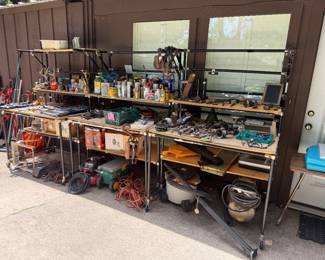 Tools, tool shelves, vintage pullys, Ice tongs
