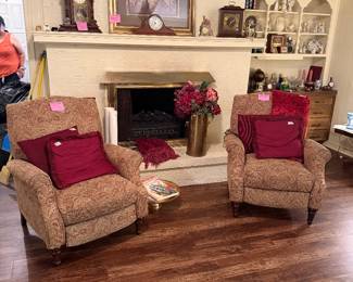 Pair of recliners, brass container with Hydrangeas, Faux Fireplace insert.