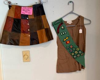 VIntage leather patchwork Mini Skirt and Brownie uniform late 1960's early 1970's