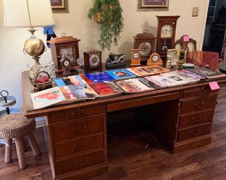Large MCM Office desk, sheet music, clocks and MCM table lamp