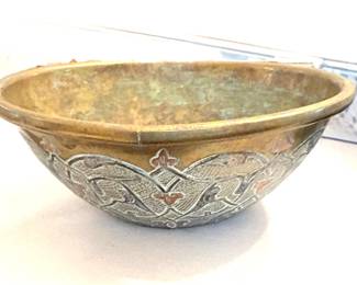 Antique Middle Eastern brass, copper and silver bowl 