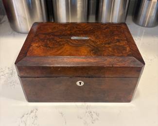Antique burled wood box with silver inlay
