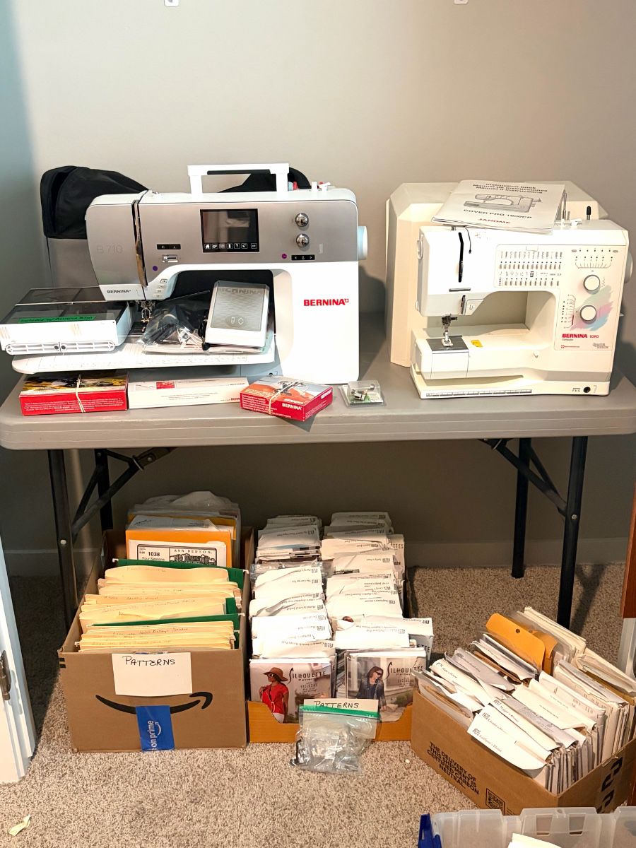 Variety of sewing machines including Bernina 770 QE PLUS sewing machine, a Bernina 1090 S computerized sewing machine. Plus huge collection of  sewing patterns 