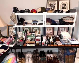 Collection of baseball caps, knit scarfs, perfumes, men's shoes, and other accessories 