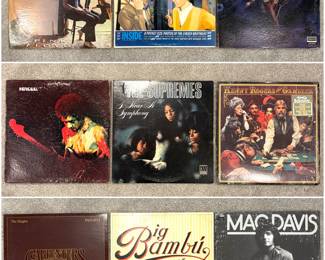 Vintage vinyl collection including: Bill Cosby – Is This Mutha Fudging Record Clean?, The Everly Brothers, The Temptations, Jimi Hendrix Experience, The Supremes, The Rascals, Cheech & Chong, and Mac Davis.