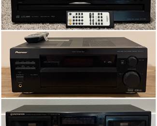 an Onkyo DX-C390 6-disc carousel CD changer, and a Pioneer AV receiver and a a Pioneer CT-W205R dual cassette deck