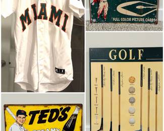 Vintage Miami CWS baseball jersey, metal advertisement sign for Ted’s root beer, 1954 Topps Baseball metal sign, and a golf wood and iron metal sign.