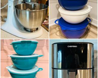 KitchenAid mixer, Vinatge Tupperware nesting bowls with lids, Chefman TurboFry digital air fryer
